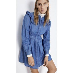 Warehouse Womens Dress Sz Med (8/12) Blue Ruffle Shoulders Bib Long Sleeve Mini